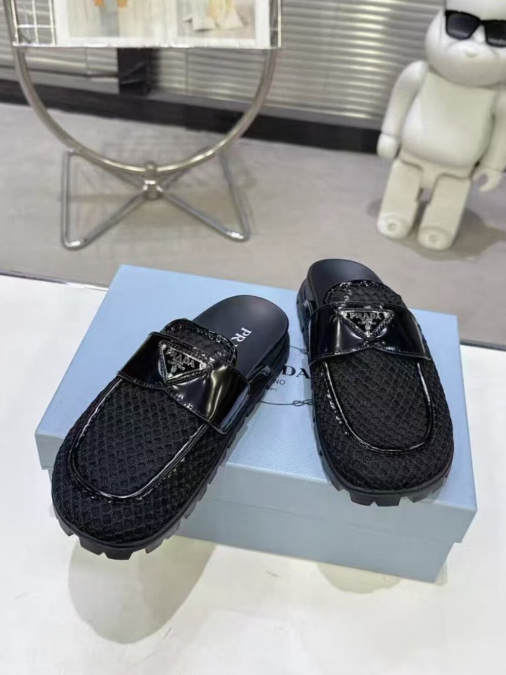 Prada Black Mesh Slip‑On Platform Mule Slides